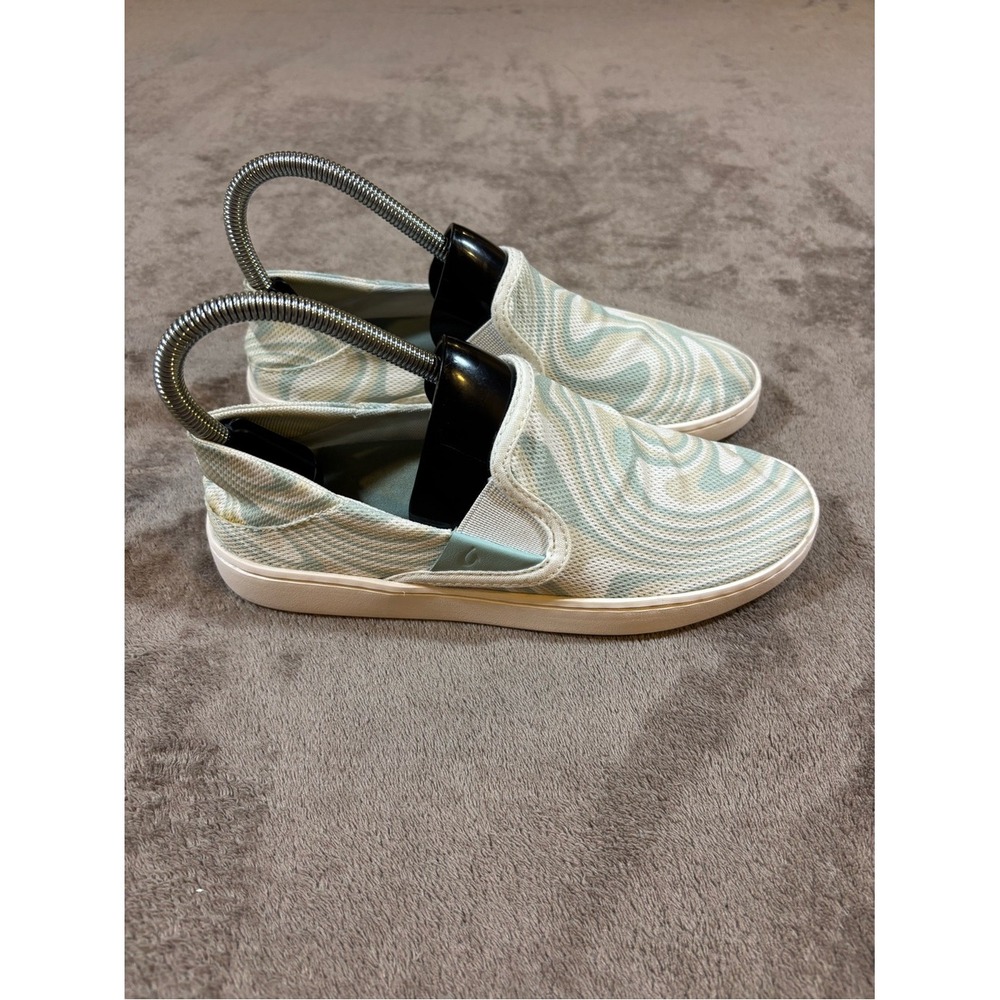Olukai Pehuea Women 6 White Sage Green Swirl Mesh Slip On Sneakers